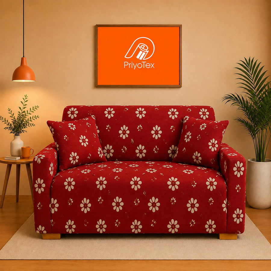 Burgundy Red Print China Elastic Sofa Protector Cover 2+2+1