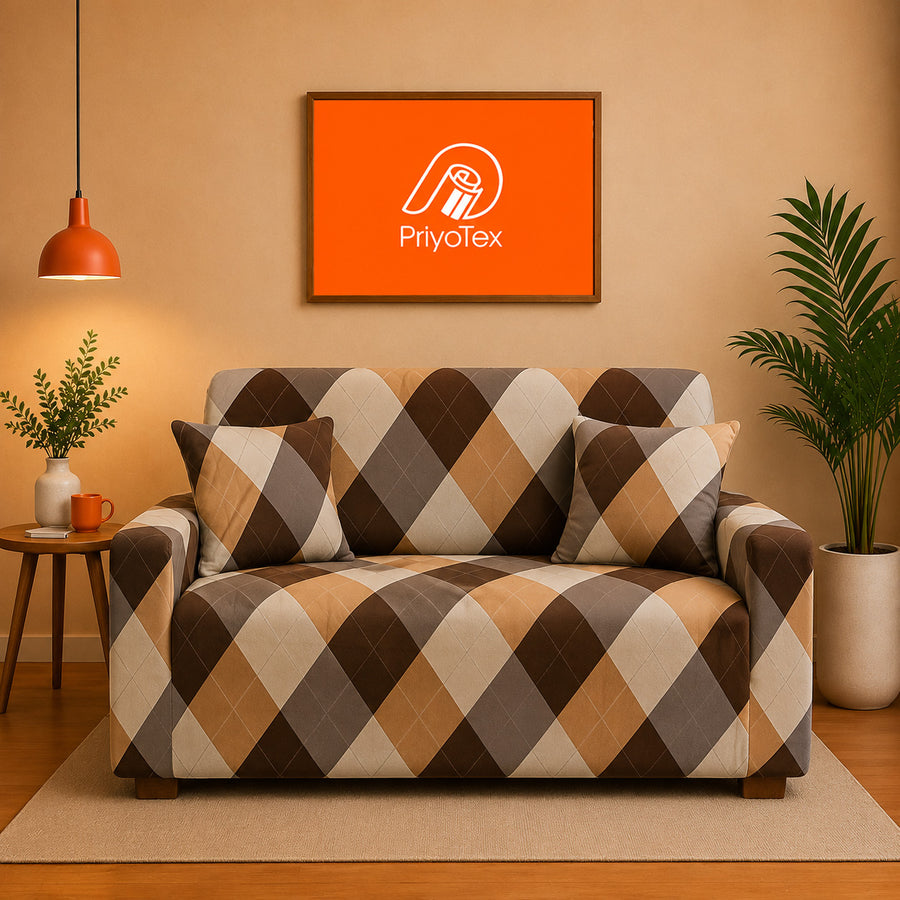 Chocolate Brown Color Classic Argyle China Print Sofa Cover 2+2+1