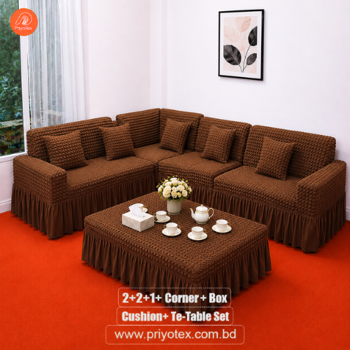 Coffee Color Sofa Cover 2+2+1+Corner+Box+Cushion+Te-Table