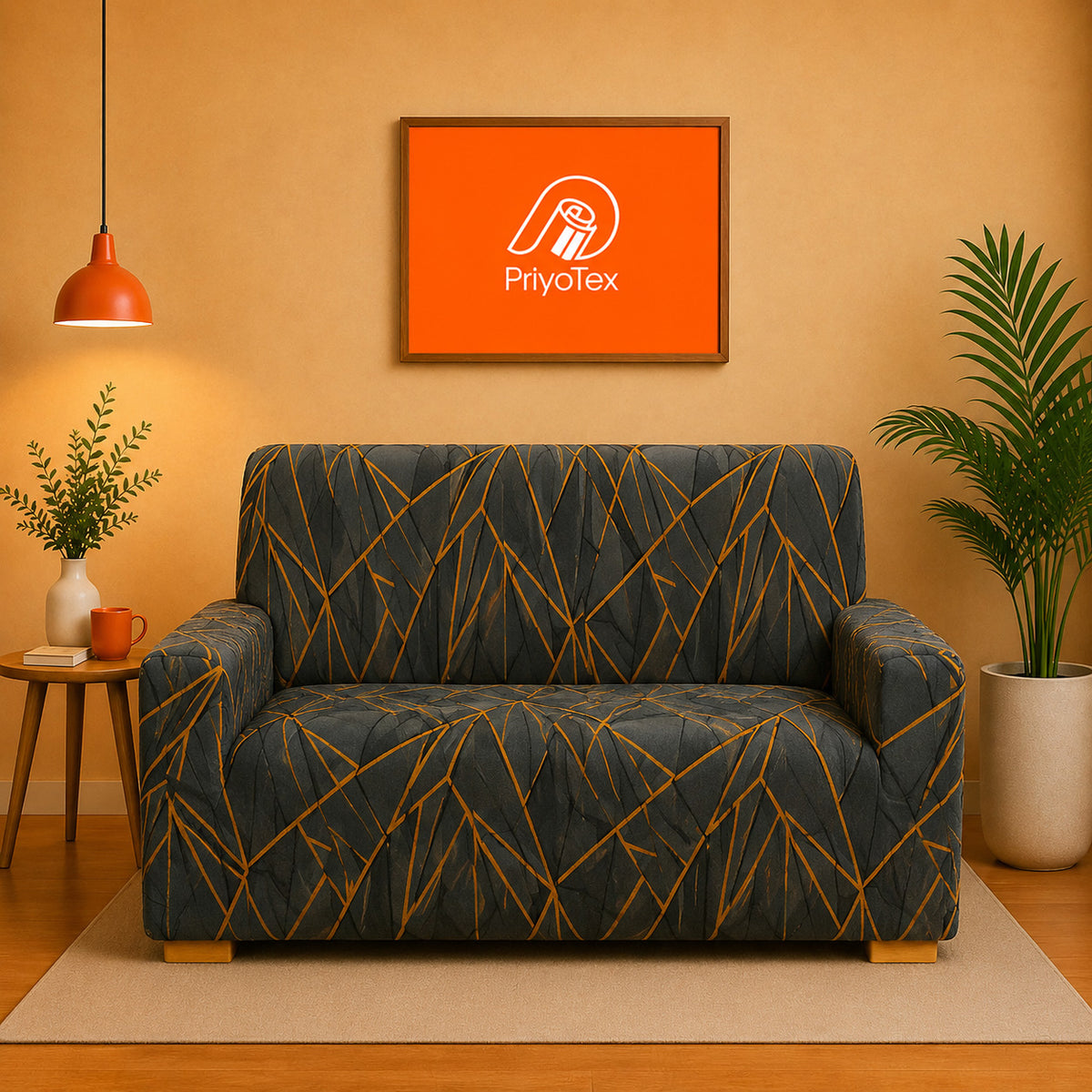Dark Grey Abstract Line Art Design China Print Sofa Cover 2+2+1