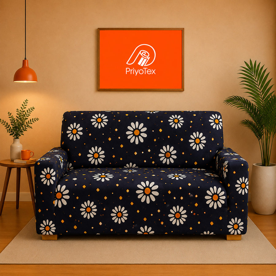 Deep Navy Blue Color China Print Design Sofa Cover 2+2+1
