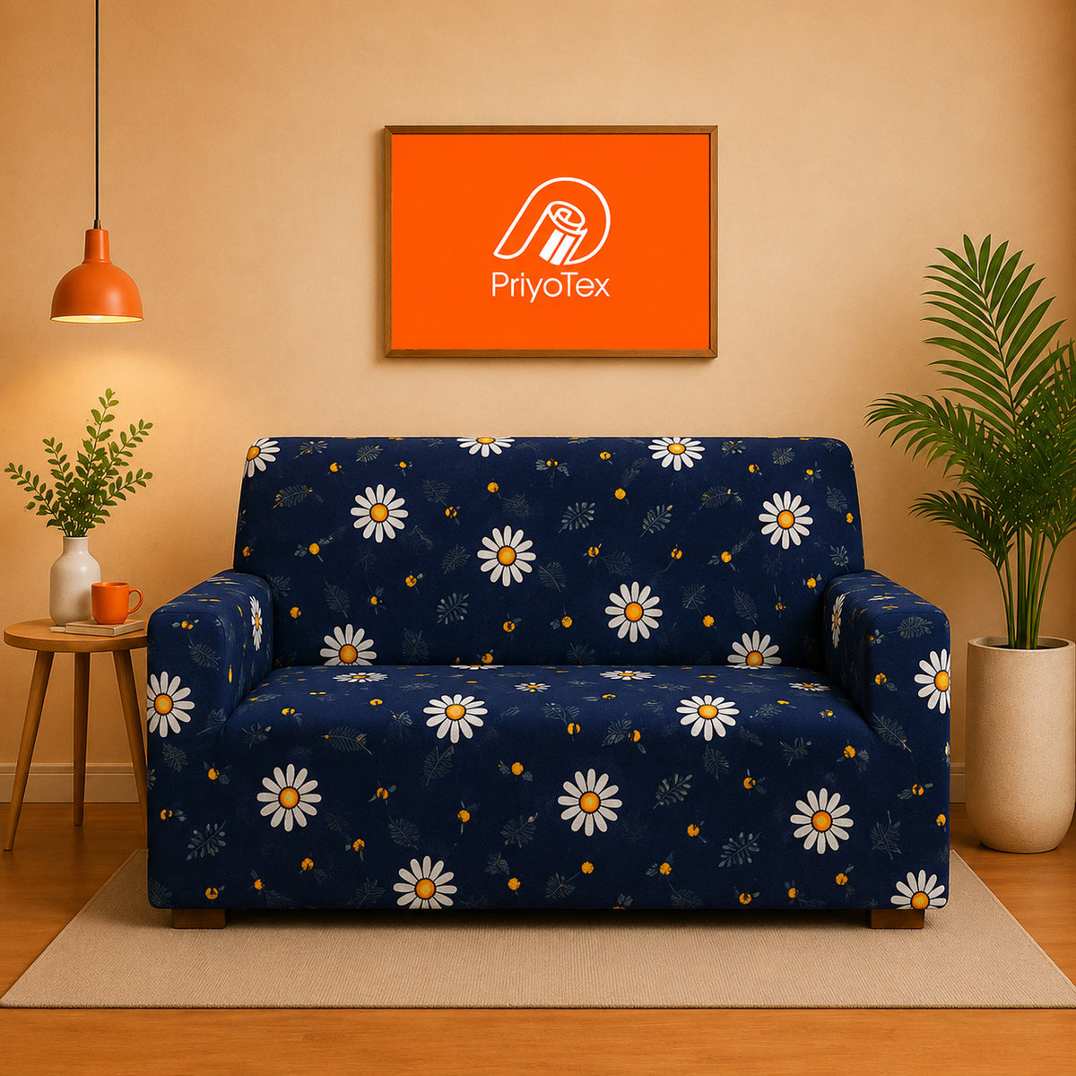Deep Navy Minimal Floral Color China Print Sofa Cover 2+2+1