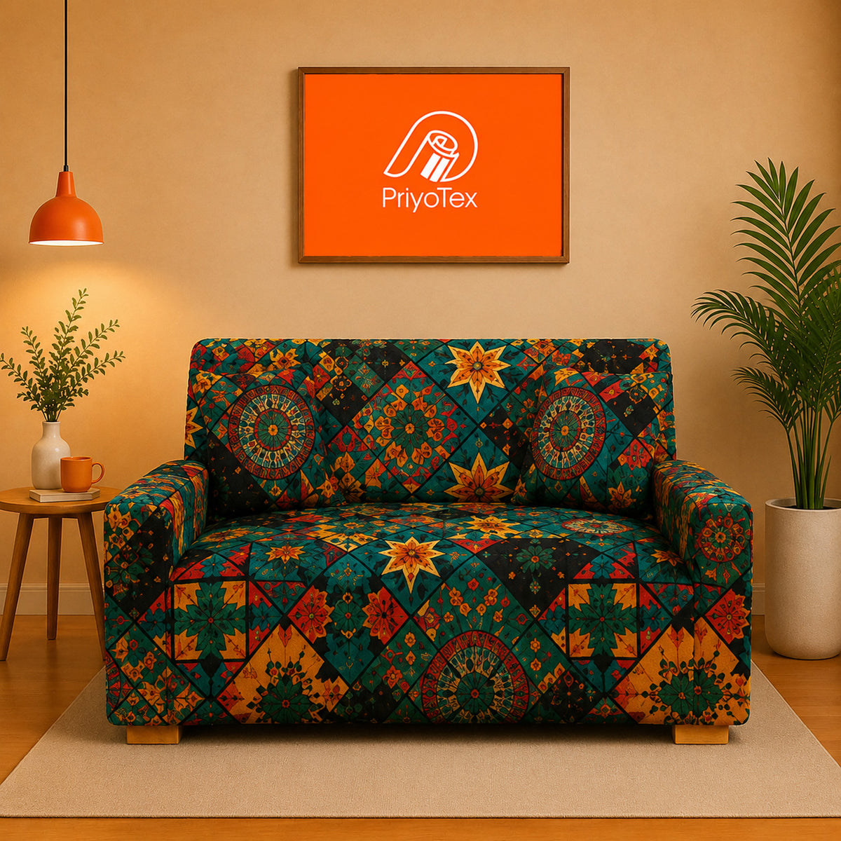 Deep Teal Green Color Print China Stretch Sofa Cover 2+2+1
