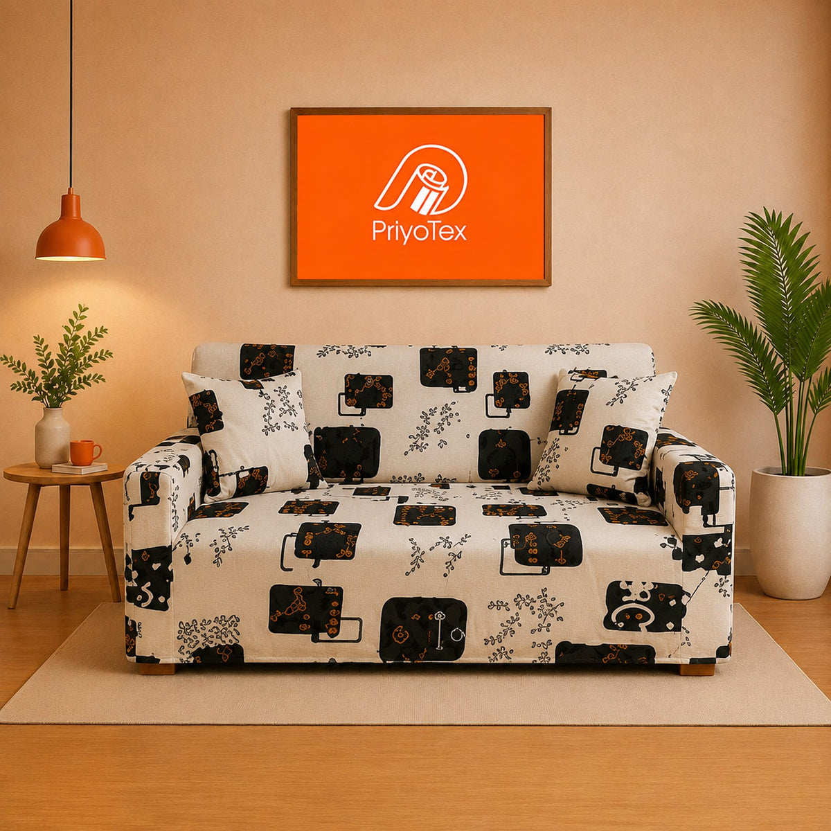 White Color China Print Sofa Cover - Kids Friendly 2+2+1