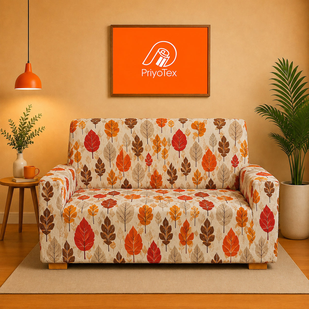 Light Beige Autumn Leaves Design China Print Sofa Cover 2+2+1