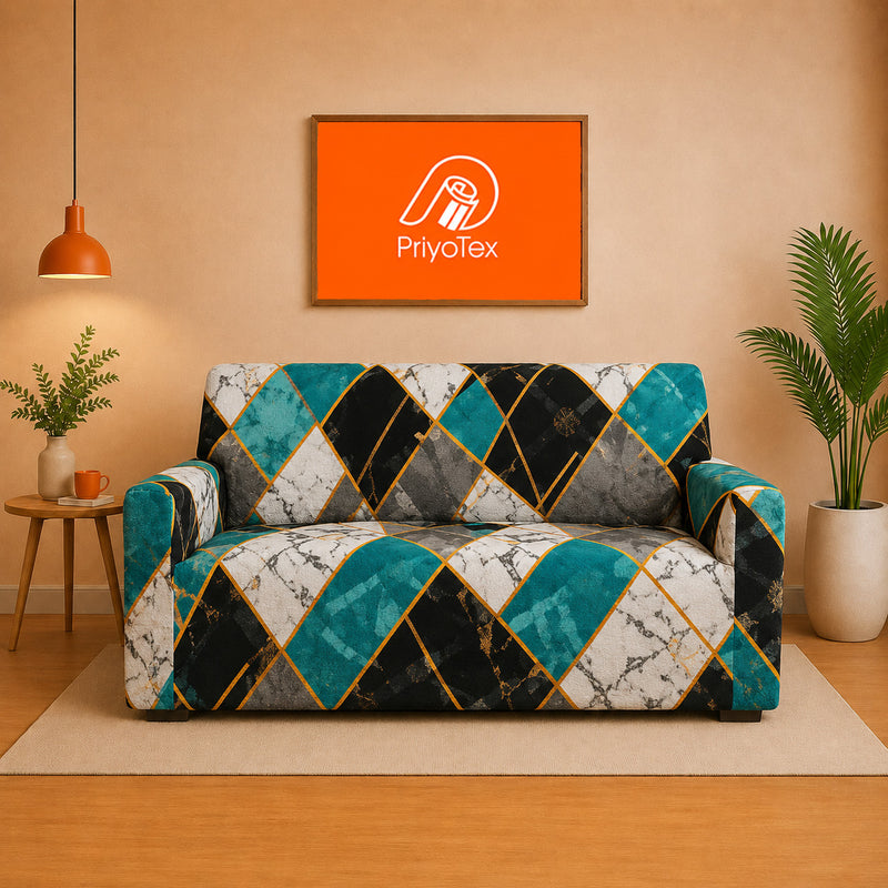 Premium Teal Marble Diamond China Print Sofa Cover