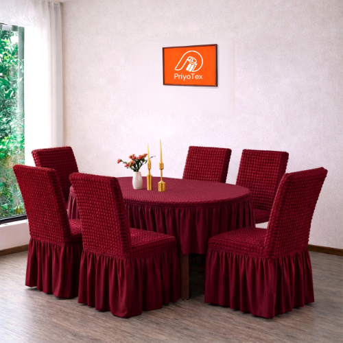 Maroon Round Dining Table + 6 Pis Chair Cover