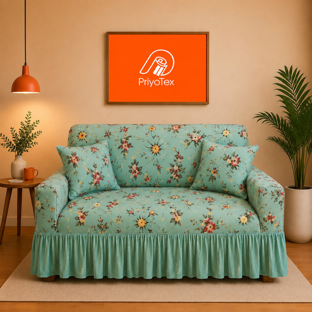Mint Green Floral China Print Sofa Cover for Living Room 2+2+1
