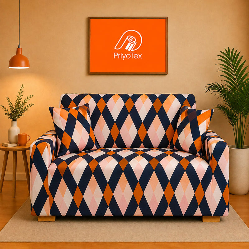Navy Blue, Orange & Blush Pink China Sofa Cover