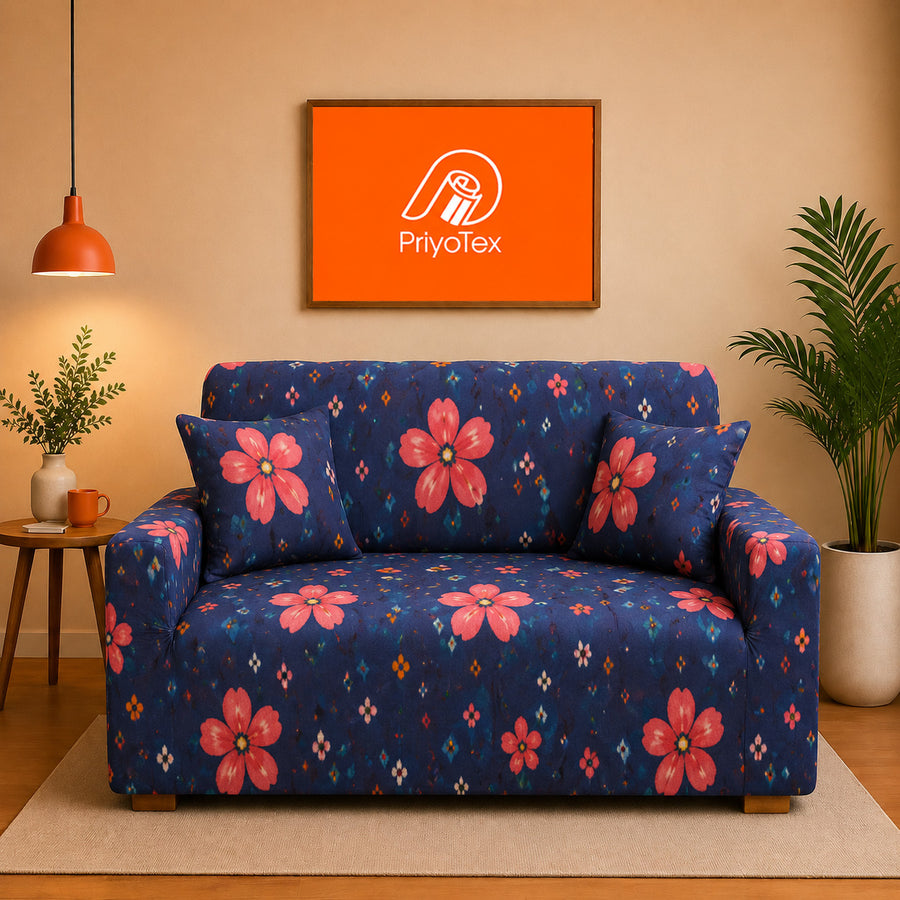 Night Blue Rose Bliss China Stretchable Print Sofa Cover 2+2+1