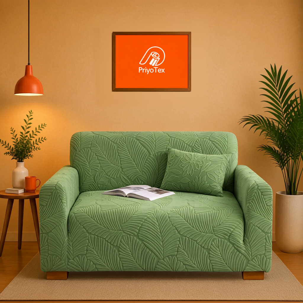 Olive Green Fujian Jacquard Sofa Cover – High Stretch 2+2+1