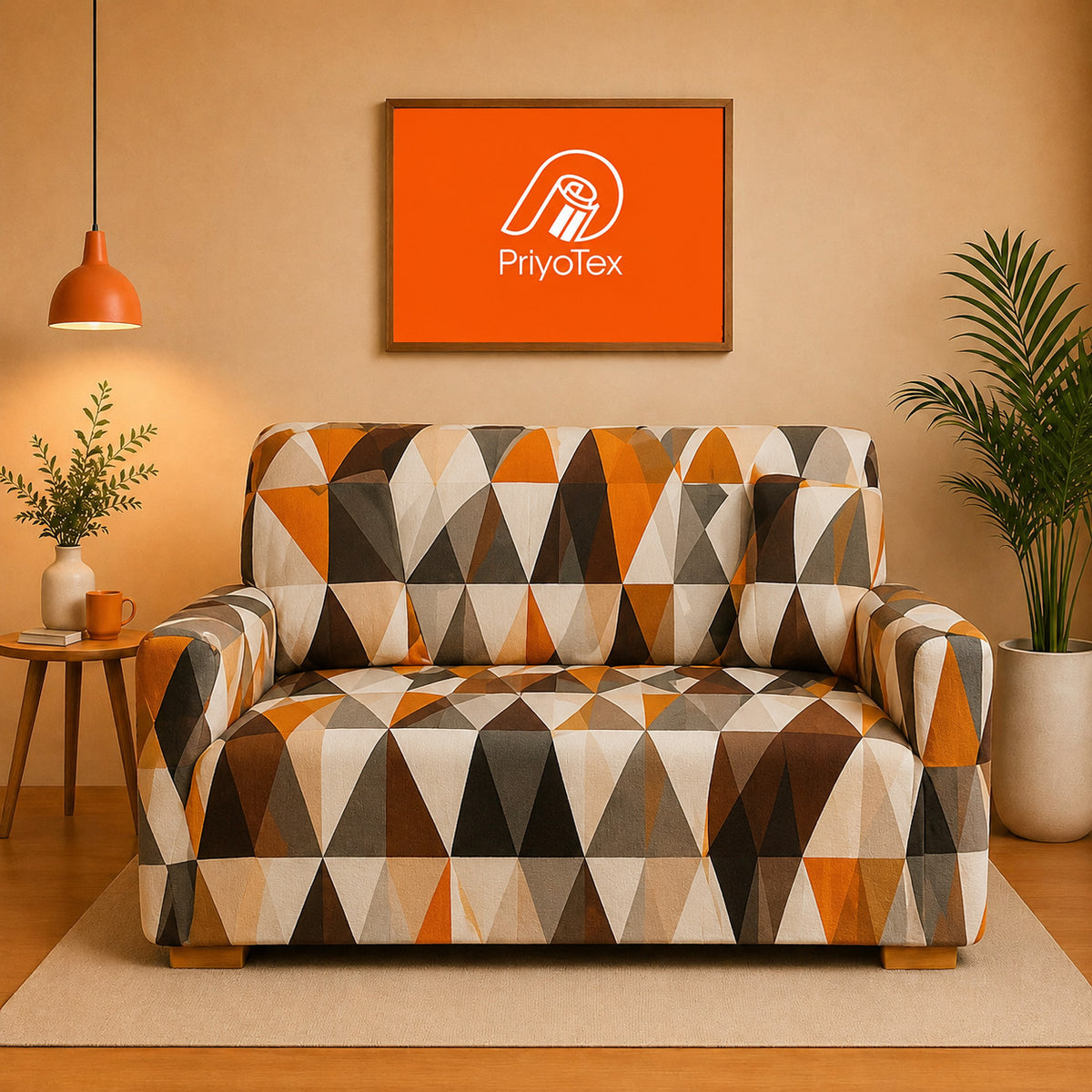Orange Crush Geometric 3D China Print Sofa Cover 2+2+1