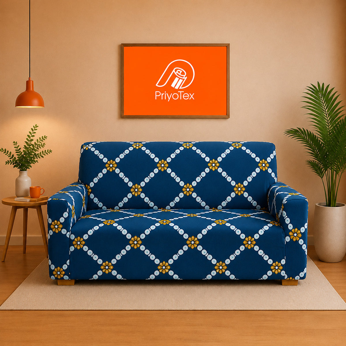 Rich Teal Blue Color China Print Sofa Cover 2+2+1