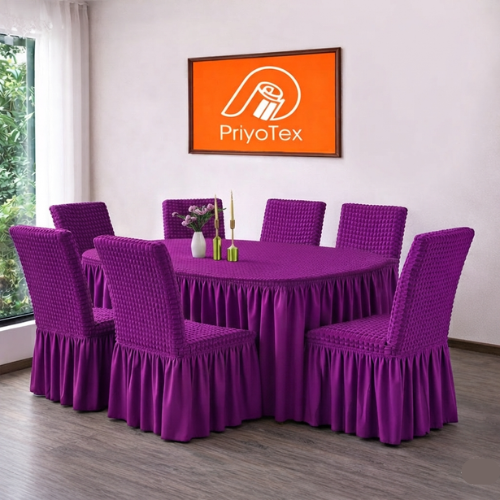 Premium Stretchable Round Dining Table Cloth + 6 Pcs Chair Cover Full Set
