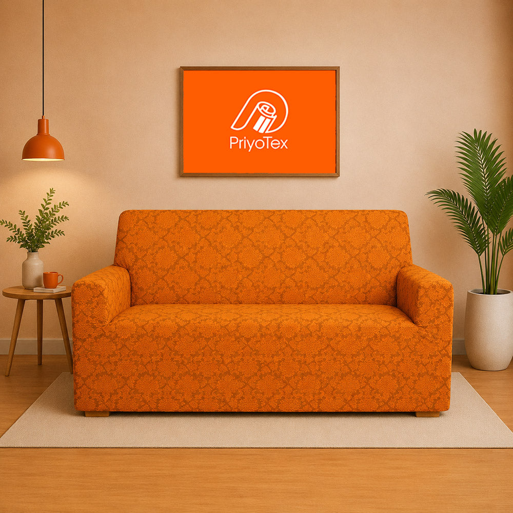 Premium Royal Orange Jacquard Sofa Cover Set – Luxury High-Stretch & Non-Slip Couch 2+2+1