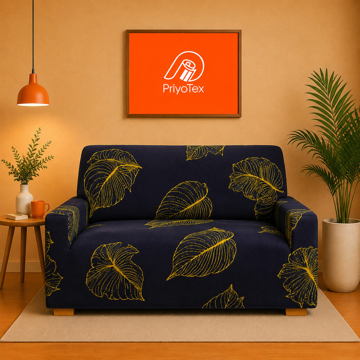 Royal Blue Linear Leaf Design China Print Sofa Cover 2+2+1