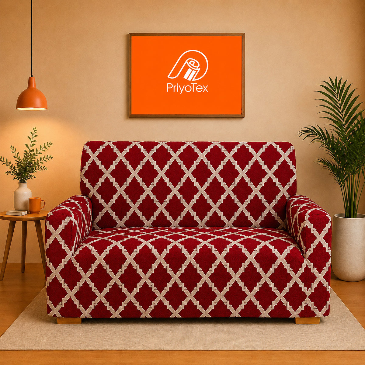 Royal Maroon Color Print China Elastic Sofa Cover 2+2+1