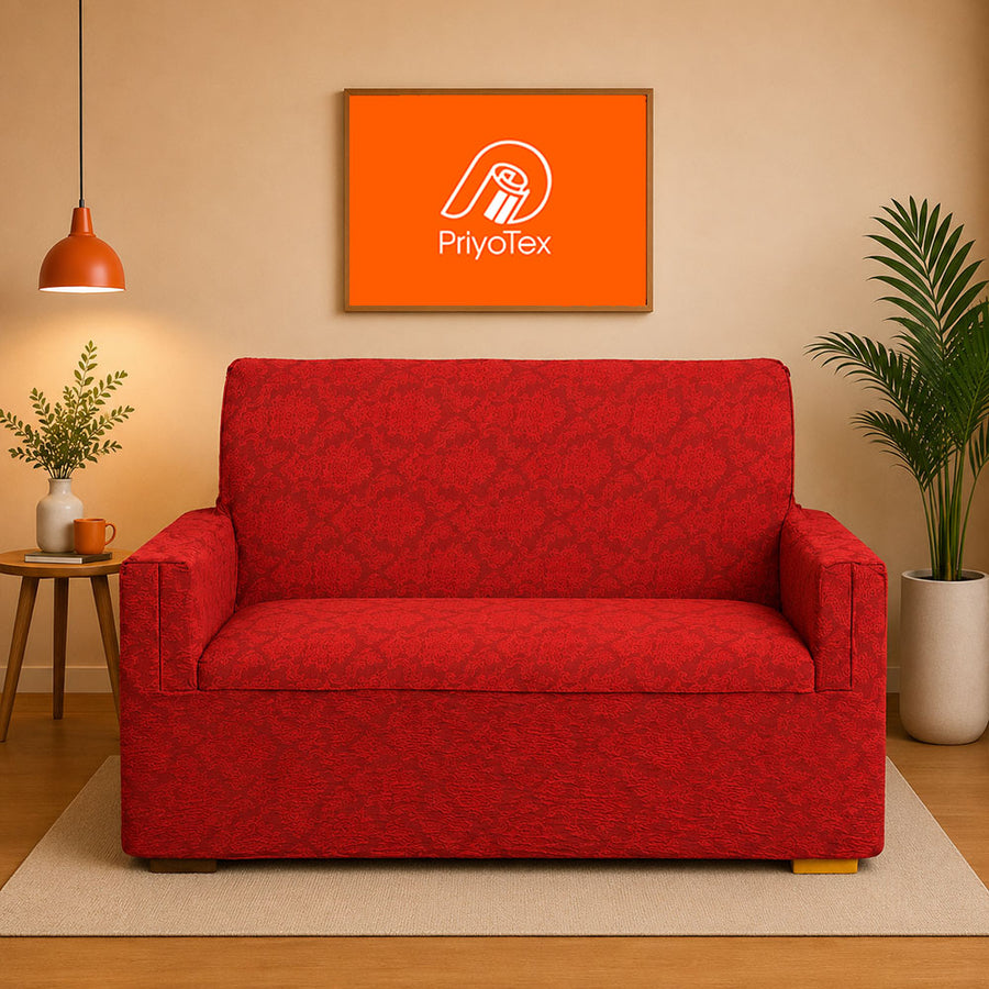 Premium Royal Red Jacquard 4-Seater Sofa Cover – High-Stretch 2+2+1