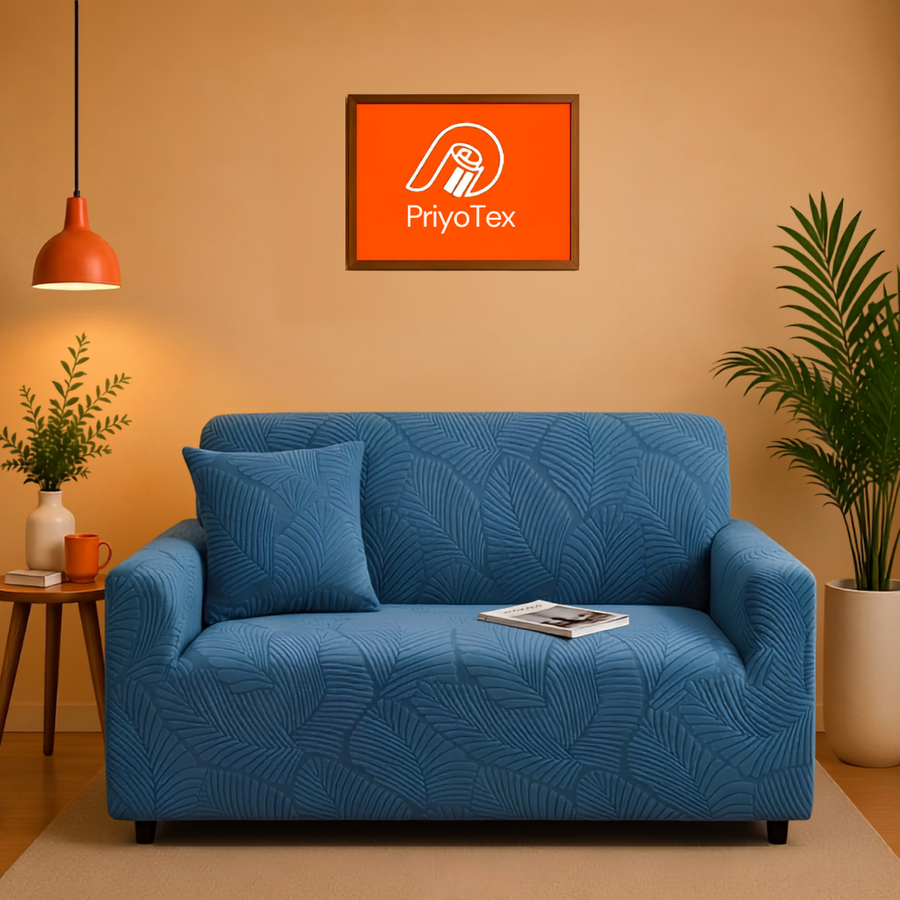 Sky Blue leaf Color Fujian Jacquard Sofa Cover – High Stretch 2+2+1