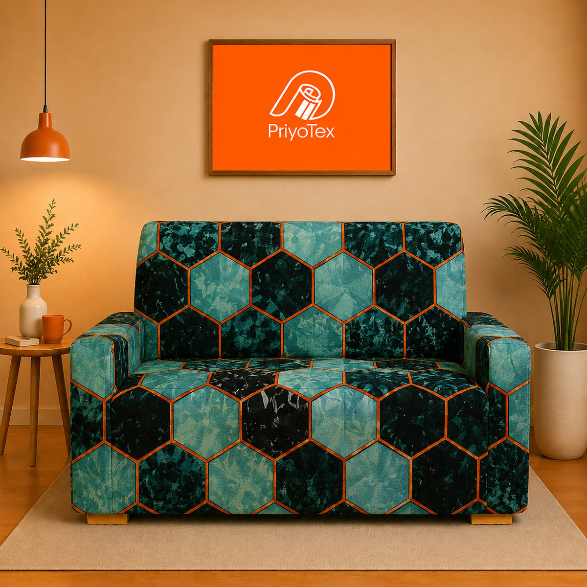 Teal Green Print China Stretchable Sofa Cover 2+2+1
