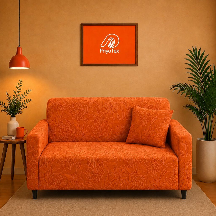 Warm Orange Floral Color Fujian Jacquard Sofa Cover – High Stretch 2+2+1