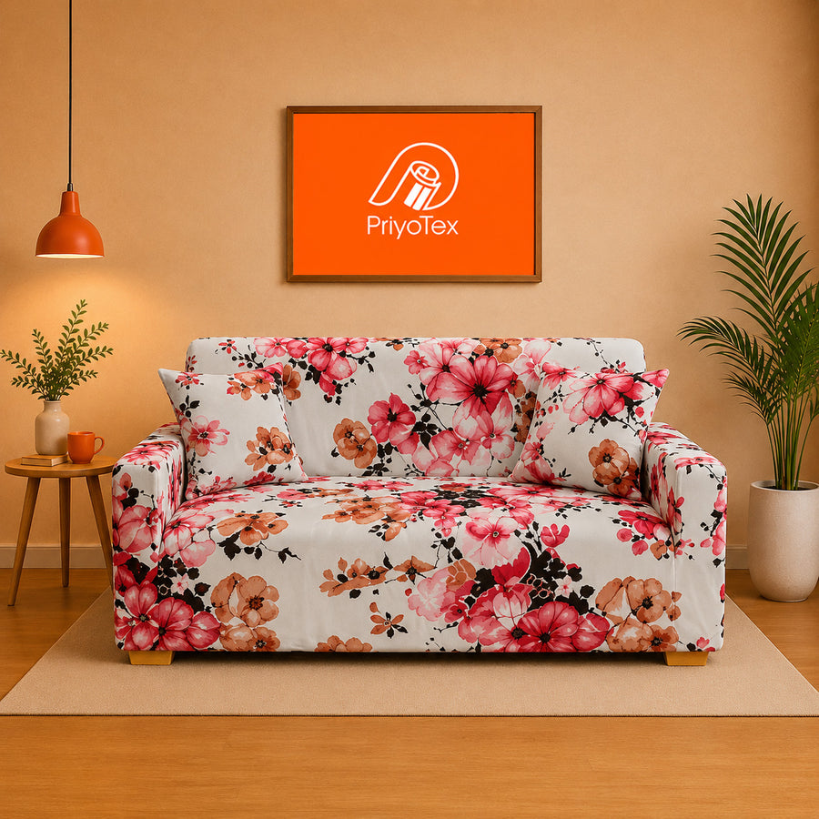 White Pink Flower China Print Sofa Cover 2+2+1
